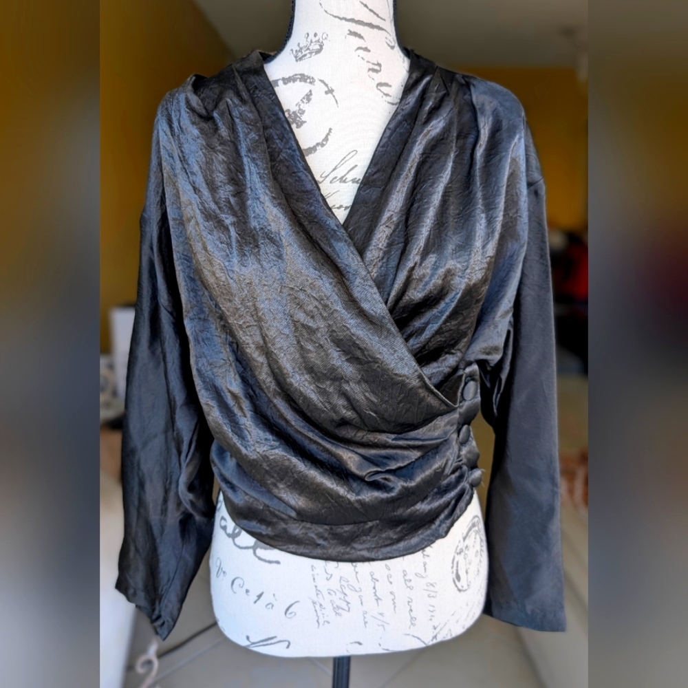 Black Satin Elegant V-Neck Top Blouse Vintage Size Medium